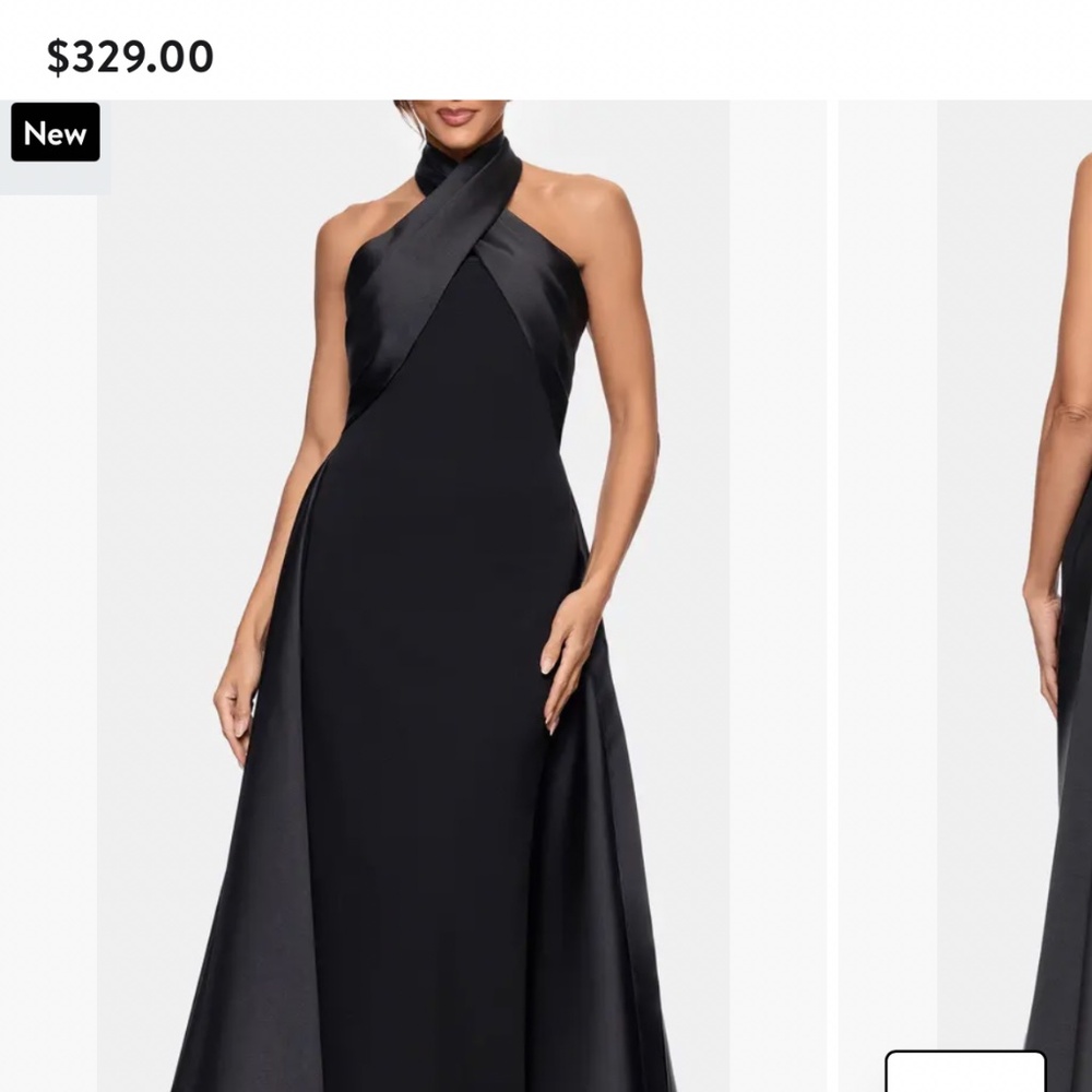Betsy & Adam Black Satin Halter Wedding Evening Gown - Picture 2 of 5